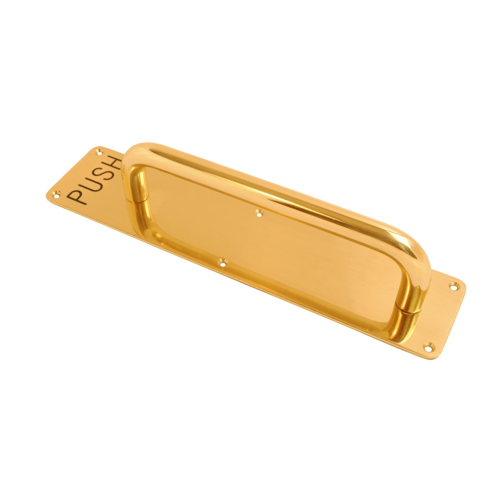 Vibe 19mm Pull Handle on Plate Engraved Push 225x19mm (325x63mm Plate) on Polished Brass for Internal Doors