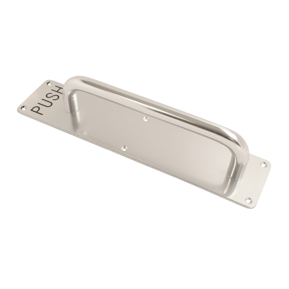 Vibe 19mm Pull Handle on Plate Printed Push 300x19mm (400x75mm Plate) on Satin Anodised Aluminium for Internal Doors