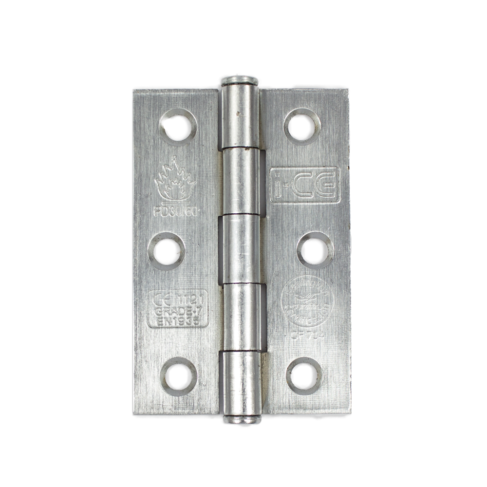Button Tip Butt Hinge 76mm CE/UKCA Rated Satin Chrome Plated