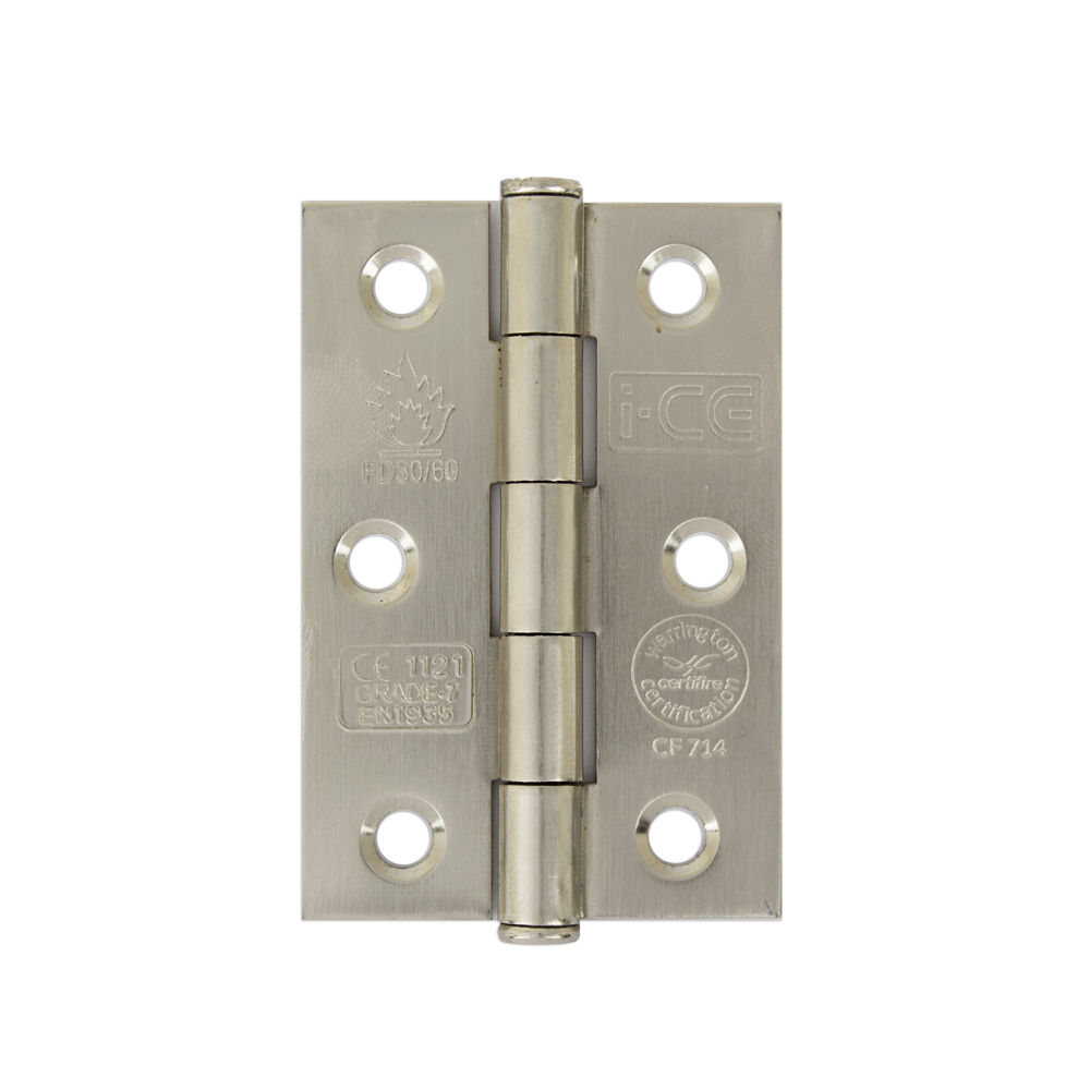Button Tip Butt Hinge 76mm CE/UKCA Rated Satin Nickel Plated